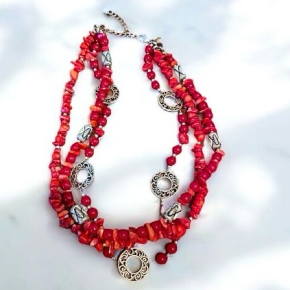 1990’s‎ Vintage Triple Strand Red and Silver Beaded Necklace